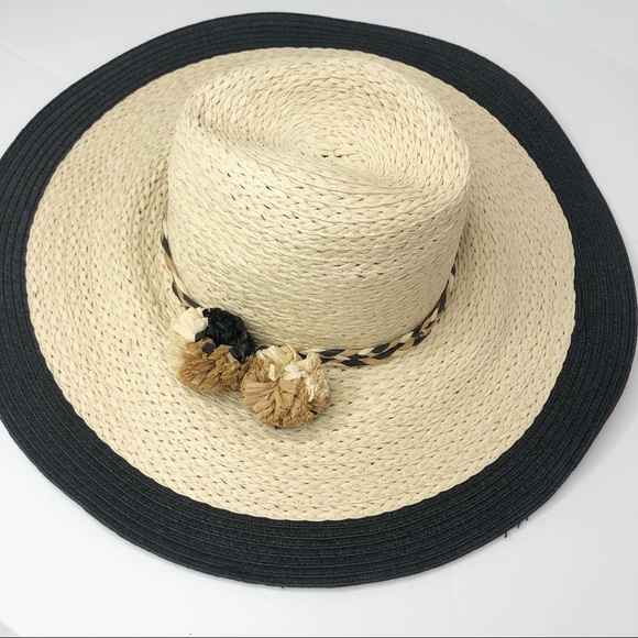 Vince Camuto Accessories - Vince Camuto Straw Circle Hat Pom Pom Fringe